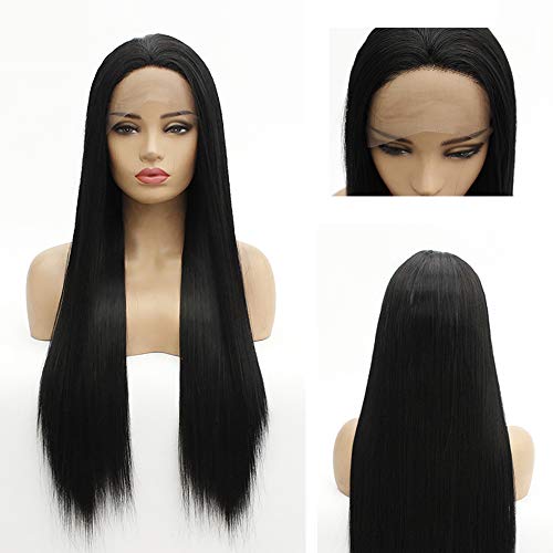 WHGAIR straight synthetic lace front wigs for black women with Baby Hair Fashion Long Black Wig Synthetic Heat Resistant Fiber（24inch 180% Density）