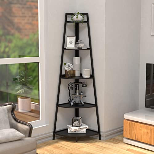 Wtz Corner Shelf, 5 Tier Bookshelf, 70.8 Inch Tall Bookcase, Open Ladder Book Case, Modern Bamboo Corner Storage Bookshelf Stand In Living Room, Bedroom, Office, Kitchen, Black #TOP7