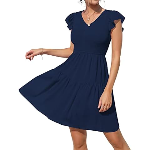 Sureple Cocktail Dresses for Women Wedding Guest with Cap Sleeves Casual Elastic High Waist Solid Mini Aline Dress(SP197-A-Navy-M) Cover