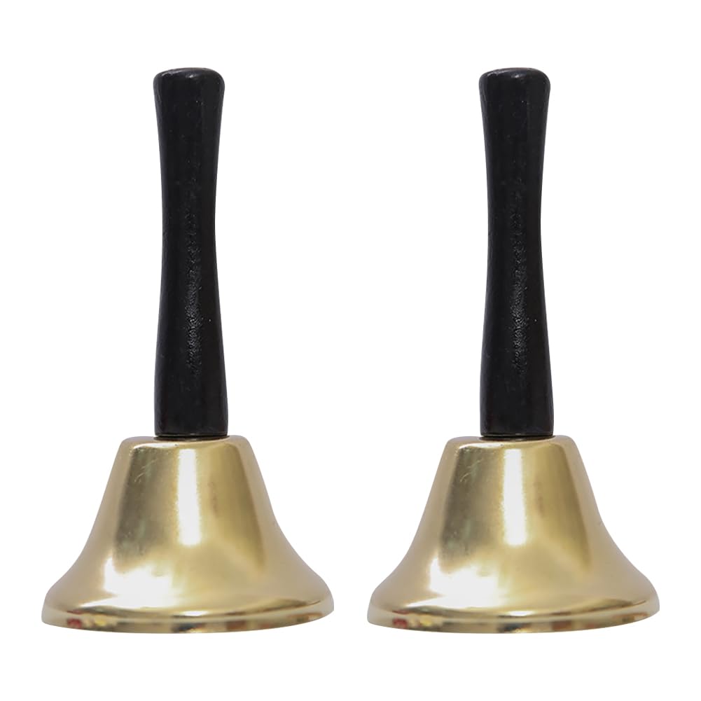 HugeDE 2 Pcs Hand Call Bells Super Loud Bells Hand Held Bells Classroom Ringing Bells Metal Handheld Bells with Plastic Handle Golden