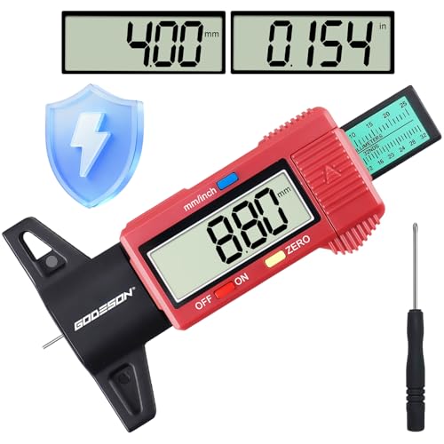 GODESON Digitaler Profiltiefenmesser Für Reifen, 0-25.4 MM/1 Zoll, Reifenprofiltiefenmesser Rot, Großes LCD-Display, Energiesparmodus, Universell Für Auto, LKW, Motorrad