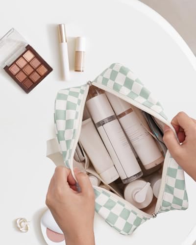 Narwey Large Checkered Travel Toiletry Bag Women Toiletries Bag Skincare Bag Makeup Bag with Handle Make up bag Organizer Cosmetic Bag Medicine Bag for Girls (Mint Green Checkerboard, Large)3