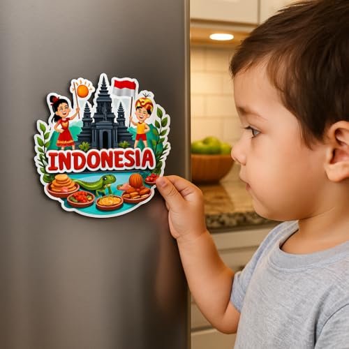 Image of Naxon Indonesia Country Theme Souvenir Wooden Refrigerator Stylish Fridge Magnet - Fridge Decoration Magnet for Kitchen & Home Decor | Perfect Souvenir Gift | Size 3x3 Inches | Pack of 1