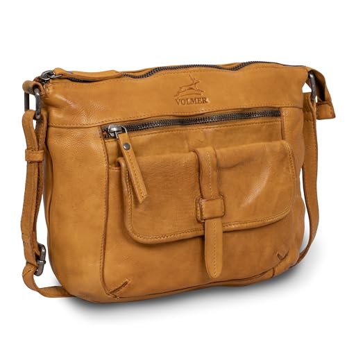 Fa.Volmer Torba na ramię – Crossbody-Bag z prawdziwej skóry dla kobiet – wygląd postarzanego – modna, młodzieżowa i wszechstronna – model: Ravenna, żółty, 27 x 20 x 7 cm
