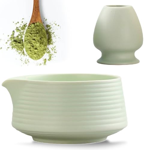 Ciotola per matcha giapponese, 2 pezzi, con beccuccio, Chawan Matcha, ciotola da tè con scomparto per la frusta, ciotola tradizionale in ceramica per matcha, chawan, ciotole da tè in ceramica (verde)