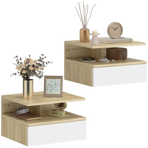 HOMCOM Lot de 2 Tables de Chevet murales, Tables de Nuit suspendues avec tiroir Coulissant, Compartiment Ouvert, Plateau, Style Moderne, pour Chambre à...