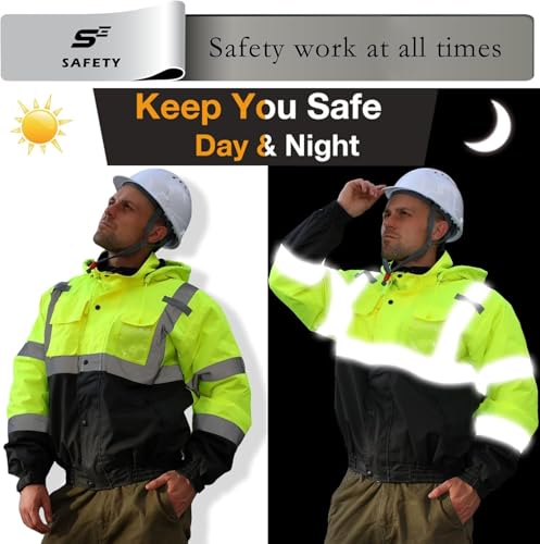 Image of sesafety Reflective Jacket for Men, High Visibility Jackets, Safety Jackets for Men, Hi Vis Construction Bomber Jackets Waterproof with Pockets and Zipper, Black Bottom, Class 3