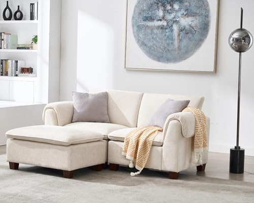 VESCASA Modern Cloud Couch with Ottoman, 56.5 Inch Modular Sectional Sofa 2 Seat L-Shaped with Waterfall Armrest Cushion Back for Living Room, Apartment, Lounge, White Chenille
