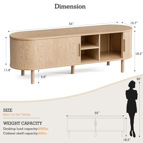 Image of ZttRiee TV Stand with Sliding Doors for TVs up to 60 inch, Modern, Natural | 55 inchW x 18.5 inchH x 15.7 inchD, 200 lbs top / 50 lbs shelf, 2 central shelves & 2 side cabinets, rounded corners, ~60 min assembly