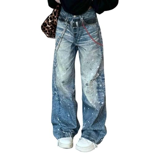 Unisex Vintage Washed Street Fashion Jeans with Chain Print Straight Leg Loose Leg Pants