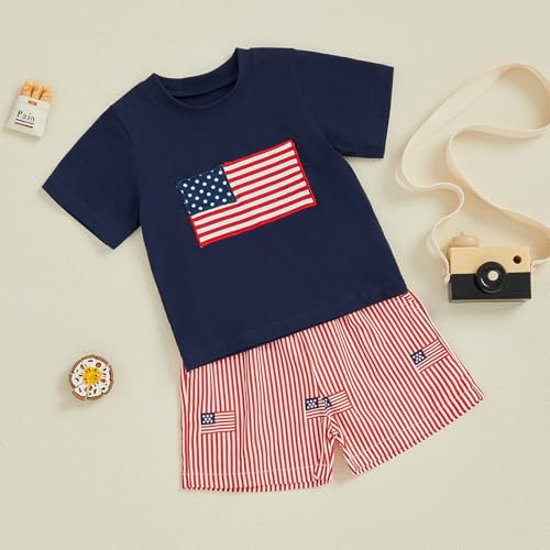 Image of Kayotuas Fourth Of July Toddler Boy Outfit Baby American Flag Clothes Patriotic Shirt Striped Gingham Shorts 2Pcs Summer Sets