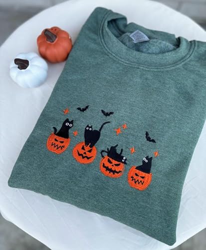 EMBROIDERED Black Cat Sweatshirt – Halloween Pumpkin & Ghost Cat Crewneck – Spooky Fall Sweatshirt for Women & Men – Cat Lover Gift – Cozy Autumn Pullover4