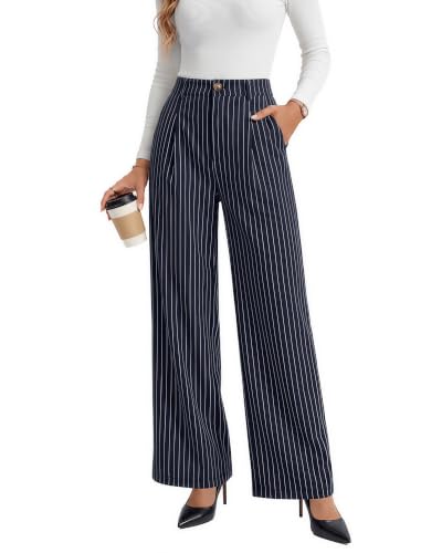 SteloVibe Womens Striped Dress Pants Business Work Trousers S Navy Blue