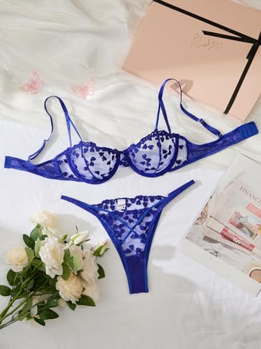 Image of Lilosy Sexy Underwire Cute Push Up Strappy Embroidered Mesh Sheer Lingerie Set See Through Panty Bra