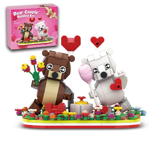 Valentines Brown and White Dancing Bear Couple Building Blocks Set Toy, Valentine‘s Day Love Heart Ornament, Gift Toy School Classroom Gift Exchange for Kids (Valentines Bears Set)