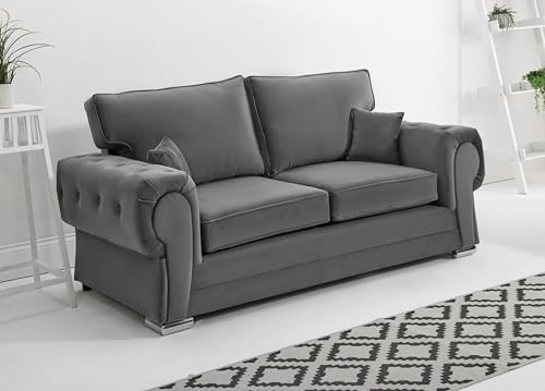 Sofahub Verona Grey Plush Velvet Sofa –2 Seater, 3 Seater, 3+2 Seater or Corner Suite –Fullback Design, Button Tufted, Foam Cushions, Chrome Feet – Luxury Living Room Sofa Set (Grey, 3 + 2 Seater)