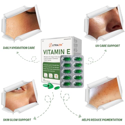 Image of Vitamin E 400 mg Capsules with Wheatgerm Oil & Omega 3 | Vitamin E Capsules for Face and Hair | Antioxidant Support | 50 Softgels