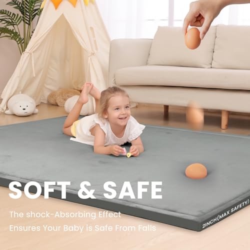 Image of Huloo Sleep 2 inch Extra Thick Baby Play Mat for Floor,Ultra Soft Elasti Foam Mat for Tummy Time & Crawling,Playpen,Non Slip Nursery Rug for Toddlers,Infants,kids,Tatami Style for Yoga,Playroom(Dark Gray)