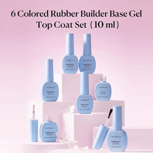 Image of AZUREBEAUTY 10ml 6 Color Rubber Base Gel Polish with Top Coat Set, Builder Gel for Thin Weak Nails, Sheer Nude Pink Jelly Self-Leveling Apex Building Nail Strengthener, Long Lasting Soak Off UV LED