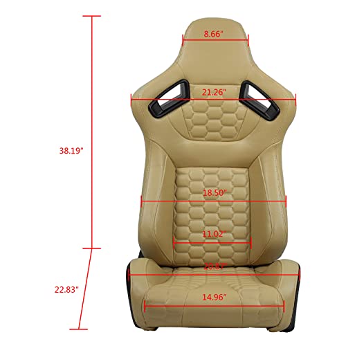 Image of IKON MOTORSPORTS, Universal Racing Seats with Dual Sliders, Reclinable Beige PU + Carbon Leather with Hexagonal Quilting Sport Bucket Seats, 1 Pair Driver + Passenger Side
