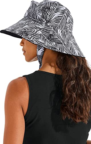 Coolibar Upf 50+ Women's Kristen Sateen Bucket Hat - Sun Protective (One Size- Black/White Grand Palm) #TOP1