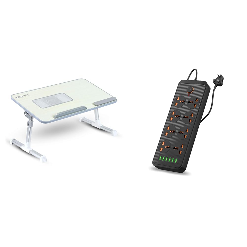 portronics my buddy plus adjustable laptop table with built-in usb cooling fan, foldable legs, adjus
