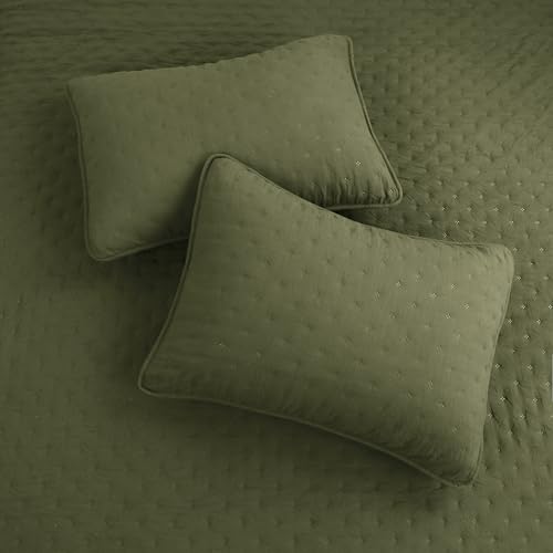 ROARINGWILD Olive Green Cloud Twin Size Quilt Bedding Sets with Pillow Sham, Farmhouse Lightweight Soft Bedspread Coverlet, All Season Rustic Country Thin Comforter, 2 Pieces, 68x90 inches