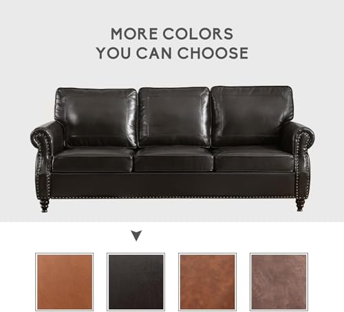 Image of Kingfun Mid-Century Modern Couch, Faux Leather Sofa, 3 Seater Couch for Living Room with Rolled arms & Nailhead Trim, Black