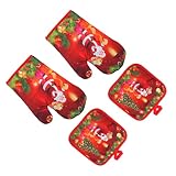 ULTECHNOVO 4 Stück Teiliges Hitzeschutz mit Weihnachtsmotiv Weiche rutschfeste Ofenhandschuhe und Tischunterlagen Isolierende Backhandschuhe für Küche und Festtagsdeko Rot