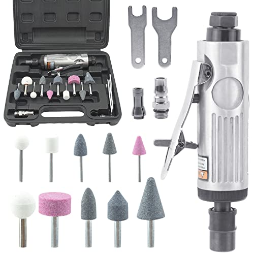 BIGP Druckluftschleifer Set, Druckluft Stabschleifer, gerader pneumatischer Schleifer, Geradschleifer Schleifgerät Set mit 10 Schleifstifte zum Schleifen, Polieren, Gravieren und Entgraten