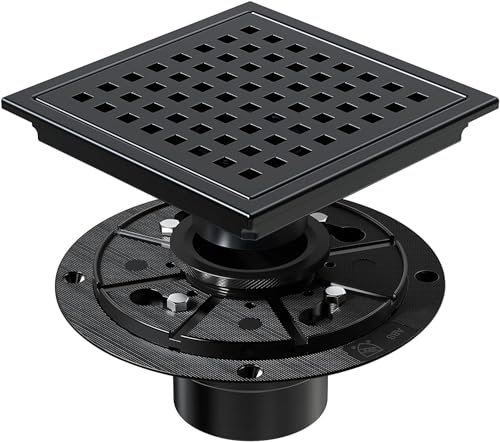 Dilvii 6 Inch Shower Drain Matte Black Square Bathroom Floor Drain Stainless Steel Drain Kit with Flange Removable Grid Cover Hair Strainer