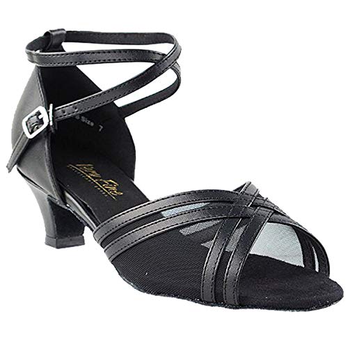 Very Fine Women's Ballroom Dance Shoes Salsa Latin Practice Dance Shoes Black Leather & Black Mesh 5017EB Comfortable Dance Shoes 1.3