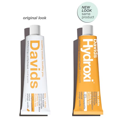Image of Davids Hydroxi Fluoride Free Nano Hydroxyapatite Toothpaste for Enamel Health & Whitening, Antiplaque, SLS Free, Kid Friendly Orange Vanilla Flavor, 4 oz, Made in USA