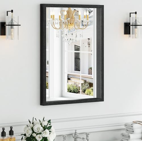Image of Syndra Black Wood Frame Bathroom Mirror, 22''x30'' Modern Vanity Mirror for Wall, Waterproof Slim Deep Frame, Rectangular HD Tempered Glass Mirror for Living Room, Bedroom, Entryway, Rustic, Farmhouse