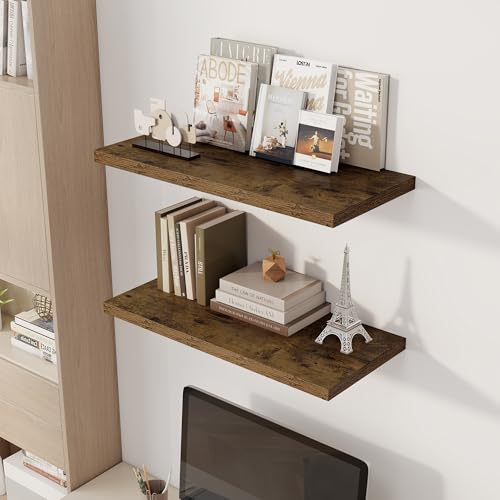 Image of Dreamland 30 inch Floating Shelves for Wall, 12 inch Deep Slim Rustic Brown Floating Shelves, Wall-Mounted Shelves for Bedroom, Living Room, Kitchen, Bathroom - Set of 2