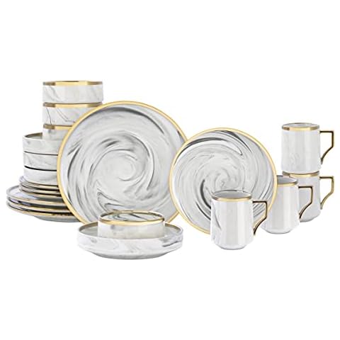HomeVss, Fine China Artisan Marbled 20pc Dinnerware Set, Grey with Gold Line Cover