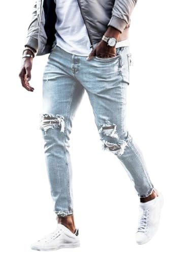 Kinghua Ripped Jeans Pants for Men Summer Slim Casual Skinny Tapered Distressed Lounge Trousers Denim Pants with Pockets