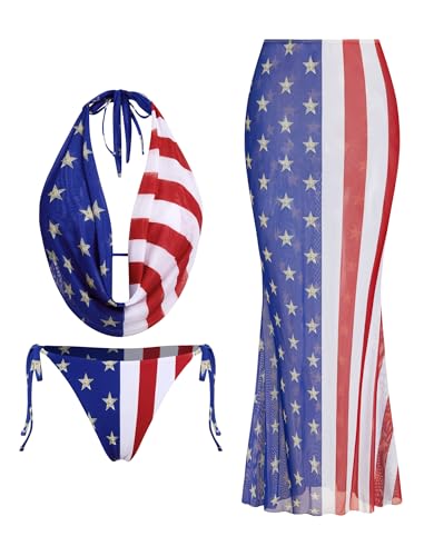 Image of ZAFUL Women's 3 Piece Floral Swimsuit Draped Neck Halter Bikini Tie Side Bathing Suit with Sheer Cover Up Skirt