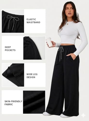 Image of Women's Wide Leg Track Pants with Elastic Waist & Drawstring | Soft Breathable Relaxed Fit Trousers | Casual Lounge Travel Wear for Women & Girls