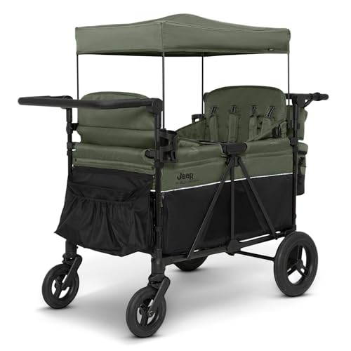 Image of Delta Children - Jeep Wrangler Deluxe 4 Seater Stroller Wagon - Premium Quad Stroller Wagon for 4 Kids with Convertible Seats, Adjustable Push/Pull Handles, Removable Canopy & Flat Fold, Black/Green