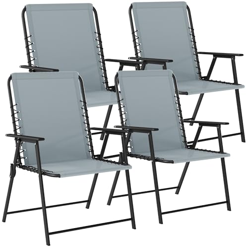 Outsunny Folding Garden Chairs Set of 4 Foldable Garden Dining Chairs with Wide Texteline Seat High Back and Armrests All Weather Outdoor Chair Set for Patio Balcony Camping Beach Light Grey