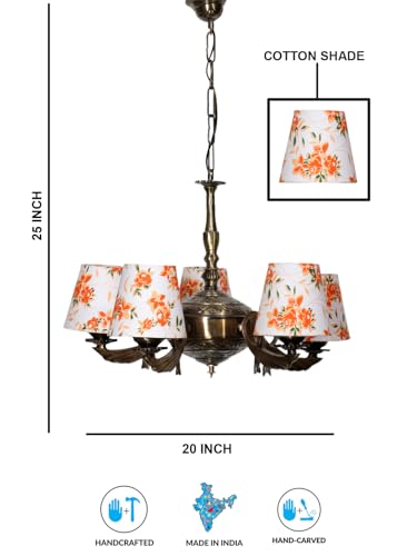 Image of Devansh 05-Light Printed Conical Multicolor Cotton Shade Chandelier - Antique Golden Finish | Adjustable Cord | Warm Glow Lamp - Ceiling Light for Living Room, Dining Area, BedroomDecor - D7