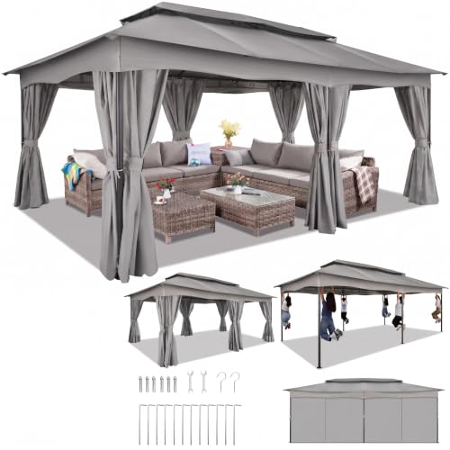 Image of COBIZI 12x20 FT Gazebo Outdoor with Curtains, Heavy Duty Soft Top Gazebo Canopy with Double Roof, Large Metal Frame Gazebos for Patio, Backyard and Deck (Gray)