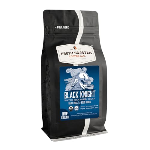 Image of Fresh Roasted Coffee, Organic Black Knight Water-Processed Decaf Drip Ground Coffee, Dark Roast, USDA Organic, Kosher, 12 oz