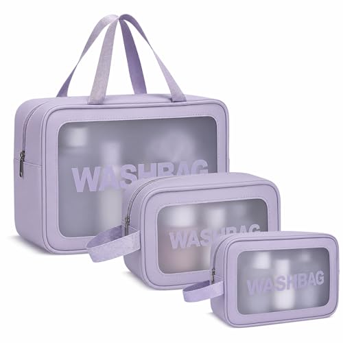 Image of FLYNGO Clear Makeup Pouch Set, Cosmetic Organizer Bag for Women and Girls Travel Waterproof Toiletry Storage Kit (Set of 3 Purple)