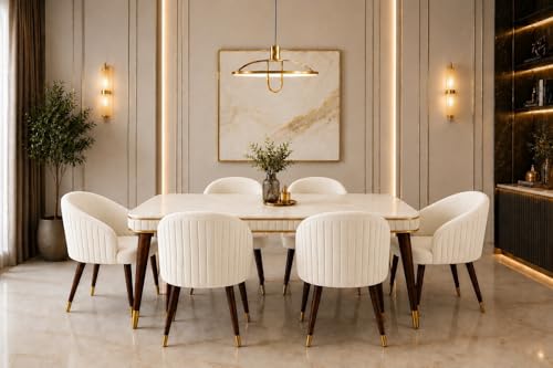Image of WOODEN SPACE 6-Seater Wooden Dining Table Set | Nano Composite Marble Top | Solid Wood Base | Modern Dining Room Furniture with 6 Chairs (Modern Beige)