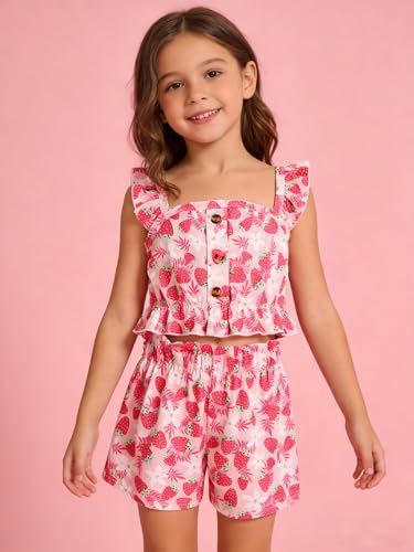 Image of Kids Toddler Girls Summer Clothes Button Design Striped Tank Top + Floral-Print Elastic Shorts 2 Piece Outfits