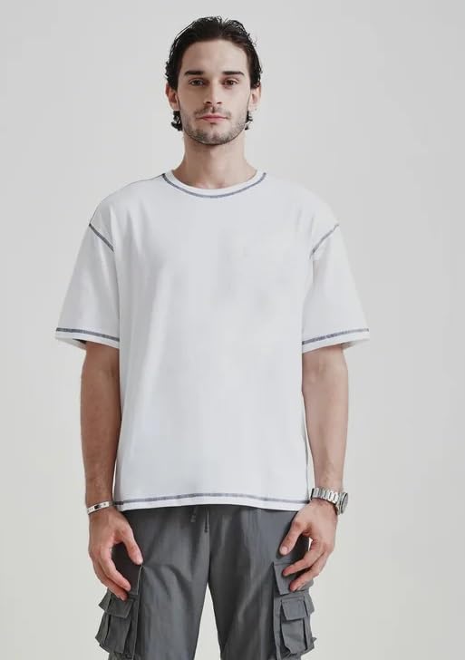 Image of Men's Premium Contrast Stitch Oversized T-Shirt | Round Neck | Half Sleeve | Soft Stretch Casual Tee | Relaxed Fit