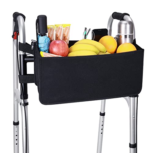 Dotday Walker Basket, Walker Bag Water Bottle Holder, Foldable Walker Storage Bag with Big Capacity & Never tipping over the walker, Best Gift for Family and Friends - Black (Not Fit Rollator Walkers)