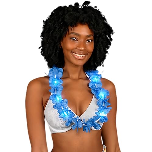 Light Up Hawaiian Flower Lei Necklace Blue for Tropical Parties & Events – Two Light Modes, Replaceable Batteries Included – Comfortable & Lightweight Accessory - Hawaii Department